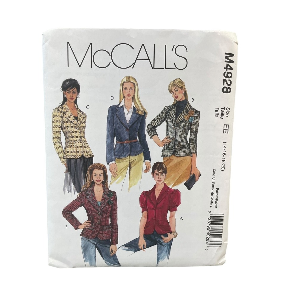 McCall's Sewing Pattern Misses Size EE 14-20 M4928 Lined Jacket Blazer 21 Piece